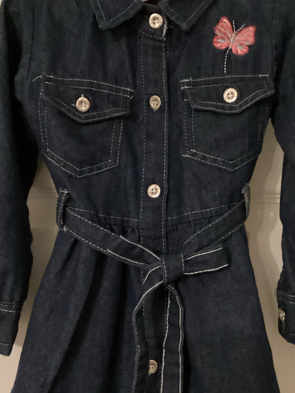 Kids Dark Blue Denim Dress with Pink Butterfly Accent And Belt Size 4
